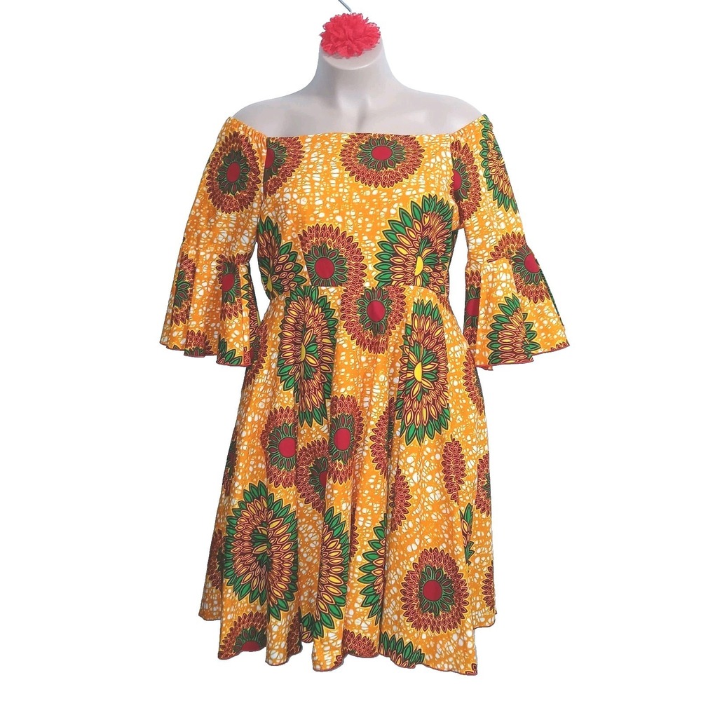 African Print Off Shoulder Women Bell Sleeve Fit Flare Dress XL Orange Ethnic